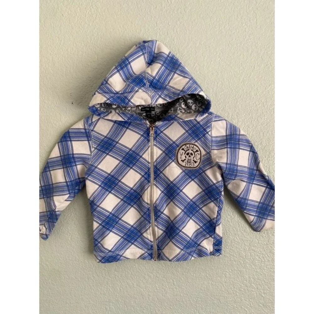 Y2K Baby Gap Blue Retro Plaid Skull Zip Up Hoodie Sweatshirt 3T